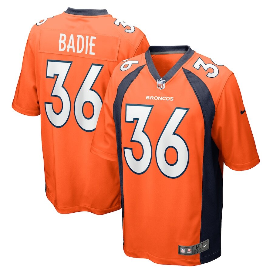 Men's Denver Broncos Tyler Badie Orange Jersey.