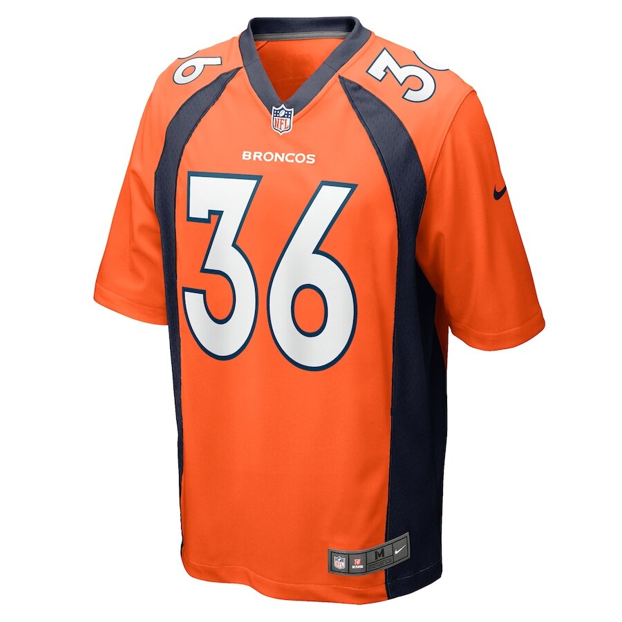 Men's Denver Broncos Tyler Badie Orange Jersey.