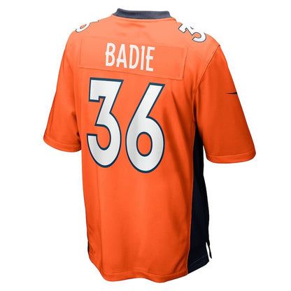 Men's Denver Broncos Tyler Badie Orange Jersey.